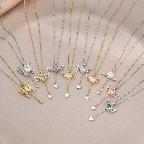 Angel Wings Heart Tassel Pendant Necklace Stainless Steel Zirconia Inlaid Gold Silver Rose Gold Necklace For Women Jewelry