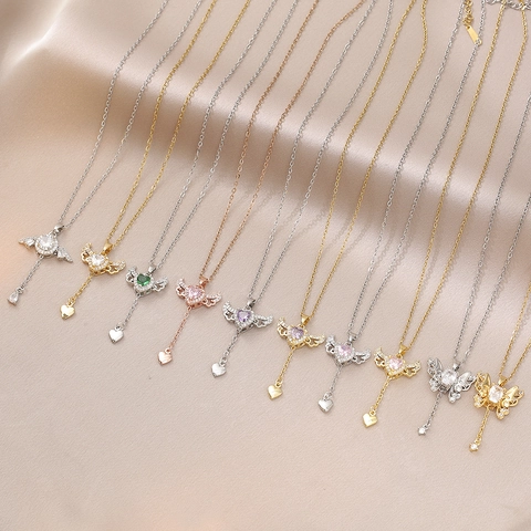 Angel Wings Heart Tassel Pendant Necklace Stainless Steel Zirconia Inlaid Gold Silver Rose Gold Necklace For Women Jewelry