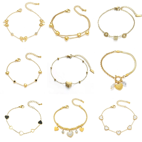 Titanium Steel Heart Pendant Bracelet For Women Gold Plated Shell Look Artificial Pearl Rhinestone Butterfly Elegant Jewelry Gift