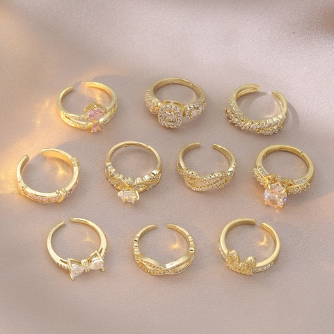 Fashion Korean Style Alloy Rhinestone Bowknot Open Adjustable Ring For Women Sweet Heart Crystal Wedding Finger Ring Jewelry Gift