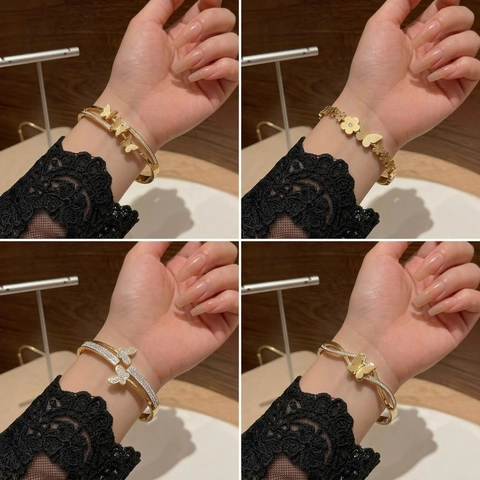 Elegant Titanium Steel Butterfly Bangle For Women With Zirconia Shell Inlaid Gold Silver Plated Frosted Fashion Jewelry Gift