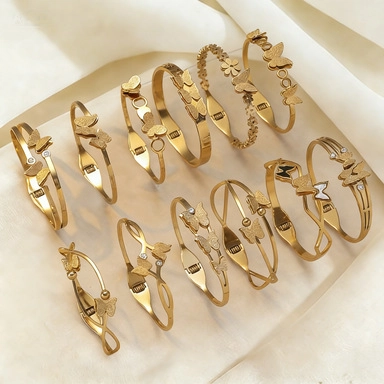 Minimalist Stainless Steel Frosted Butterfly Bangle For Women Gold Plated Double Butterfly Zirconia Inlaid Cuff Bracelet Jewelry Gift