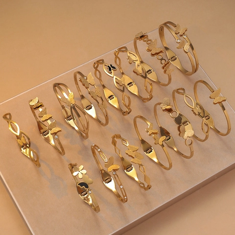 Fashion Stainless Steel Butterfly Bangle For Women Gold Plated Frosted Open Spring Hinge Bracelet Modern Jewelry Gift