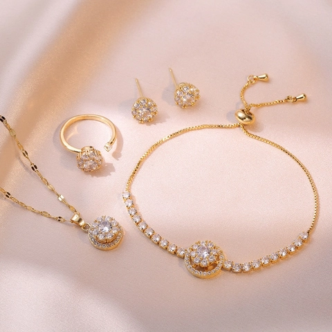 Rotierendes Zirkonia Blumen Schmuckset Edelstahl Halskette Ohrringe Ring Armband Für Damen Leichter Luxus Drehendes Geschenk