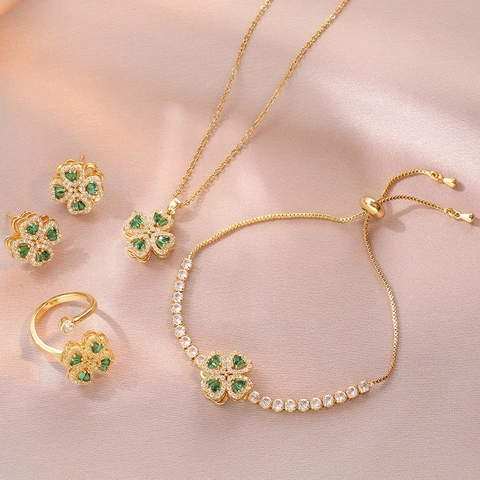 Luxury Rotating Four Leaf Clover Heart Necklace Ring Earrings Bracelet Set For Women Emerald Green Zirconia Stainless Steel Gold Plated Vintage Jewelry Set