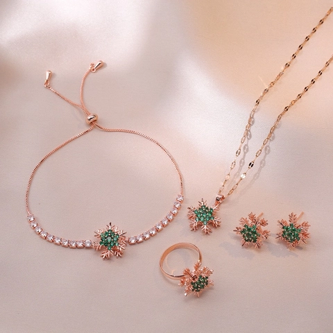 Roterende Sneeuwvlok Sieradenset Roestvrij Staal Rozegoud Verguld Zirkonia Ketting Oorbellen Ring Armband Voor Vrouwen