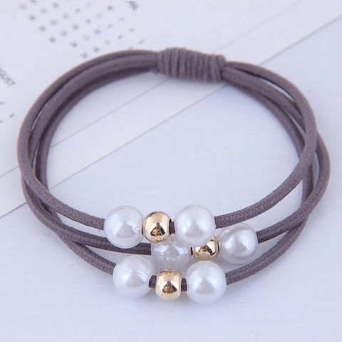 Korean Style Triple Strand Knotted Hair Tie High Elastic Faux Artificial Pearl Gold Bead Rubber Band Hair Rope For Women Daily Hair Accessories