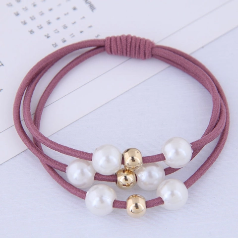Korean Style Triple Strand Knotted Hair Tie High Elastic Faux Artificial Pearl Gold Bead Rubber Band Hair Rope For Women Daily Hair Accessories