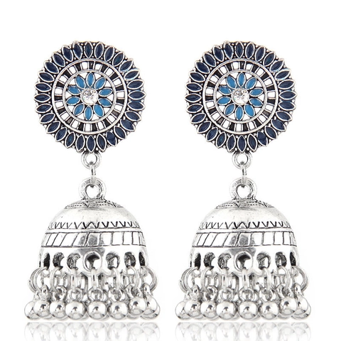 Bohemian Vintage Ethnic Jhumka Bell Tassel Earrings For Women Alloy Enamel Rhinestone Indian Style Hollow Out Drop Earrings