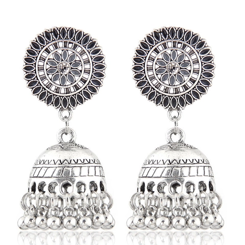 Bohemian Vintage Ethnic Jhumka Bell Tassel Earrings For Women Alloy Enamel Rhinestone Indian Style Hollow Out Drop Earrings