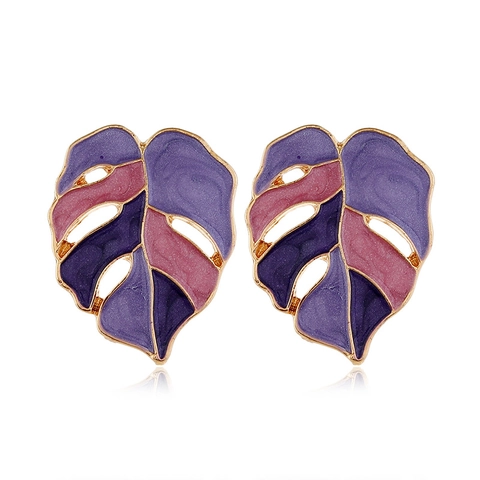 Tropical Monstera Leaf Stud Earrings Colorful Enamel Alloy Plant Earrings For Women Summer Beach Vacation Jewelry Gift