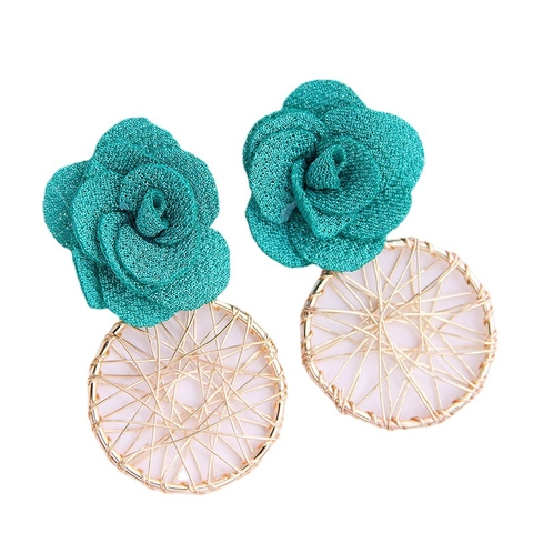 Exaggerated Fabric Rose Dangle Earrings With Gold Metal Wire Wrapped Circle Bohemian Vintage Floral Jewelry For Women