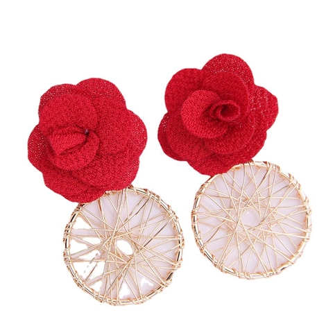 Exaggerated Fabric Rose Dangle Earrings With Gold Metal Wire Wrapped Circle Bohemian Vintage Floral Jewelry For Women