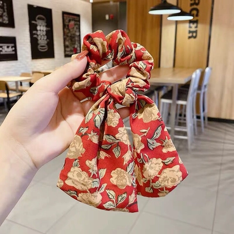 Women Floral Print Hair Scrunchies With Streamers Fabric Bow Knot Elastic Hair Ties French Romantic Sweet Headwear Accessories