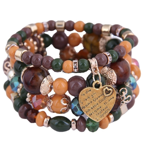 Bohemian Multi-Layer Beaded Bracelets For Women Alloy Resin Beads Heart Pendant Engraved Romantic Messages Stretch Bangle Jewelry Gift