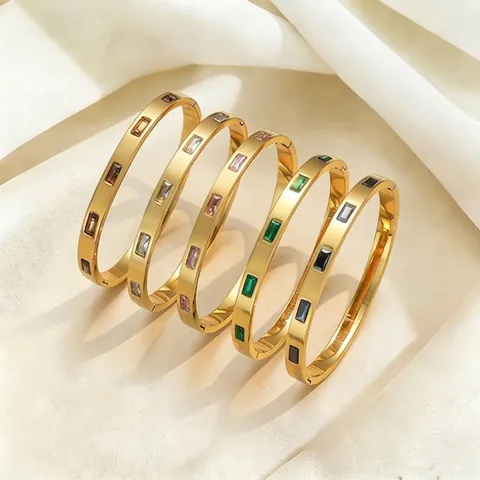 Vintage Stainless Steel Gold Bangle For Women Luxury Rectangle Colorful Zirconia Inlaid Hinged Bracelet Fashion Jewelry Gift