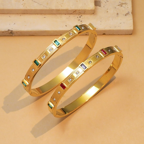 Stainless Steel Gold Silver Plated Bangle With Emerald Green Colorful Square Cubic Zirconia Fashion Hinged Bracelet Women Jewelry