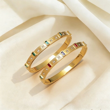 Stainless Steel Gold Silver Plated Bangle With Emerald Green Colorful Square Cubic Zirconia Fashion Hinged Bracelet Women Jewelry
