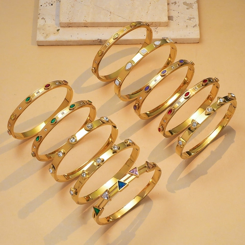 Bracelet Jonc en Acier Inoxydable pour Femme Plaqué Or Argent Avec Zircone Incrustée Géométrique Bijoux de Fête Quotidienne