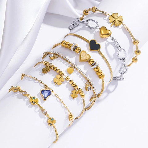 Fashion Stainless Steel Heart Clover Evil Eye Bracelet For Women Gold Plated Zirconia Crystal Pendant Adjust Adjustable Bracelet Jewelry Gift