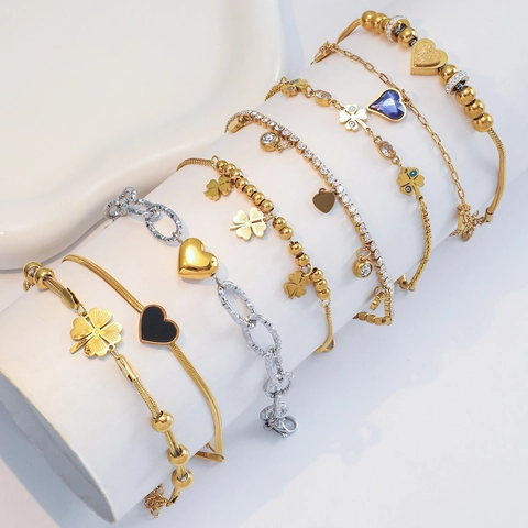 Fashion Stainless Steel Heart Clover Evil Eye Bracelet For Women Gold Plated Zirconia Crystal Pendant Adjust Adjustable Bracelet Jewelry Gift