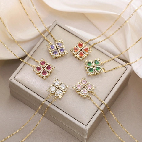 Magnetic Folding Four Leaf Clover Heart Necklace Gold Plated Titanium Steel Zirconia Rhinestone Pendant Jewelry For Women