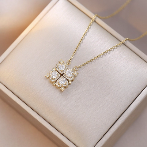 Magnetic Folding Four Leaf Clover Heart Necklace Gold Plated Titanium Steel Zirconia Rhinestone Pendant Jewelry For Women