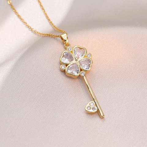 Key Pendant Necklace Titanium Steel Heart Four Leaf Clover Zirconia Elegant Fashion Jewelry For Women