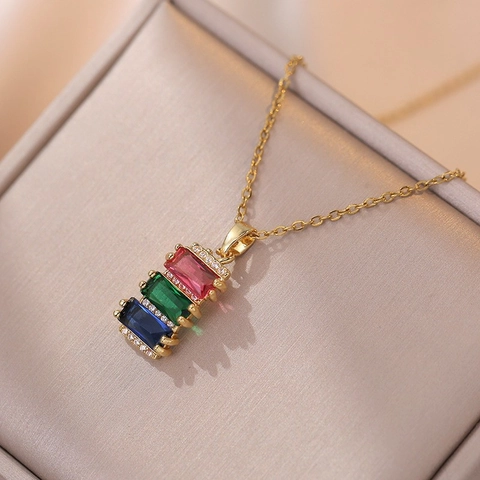 Luxury Gold Stainless Steel Rainbow Zirconia Necklace And Earrings Jewelry Set Vintage Geometric Colorful Pendant For Women Fashion Jewelry