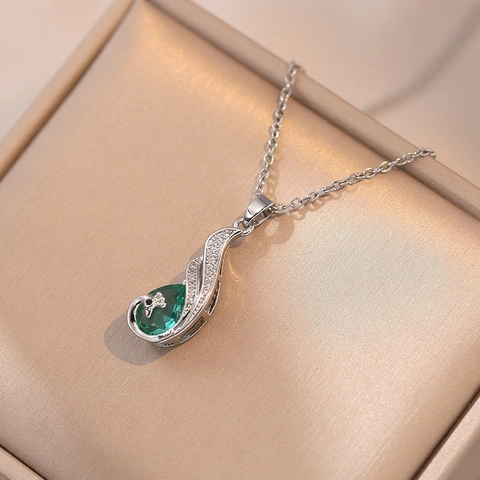 Peacock Phoenix Necklace And Earrings Titanium Steel Emerald Green Crystal Zircon Elegant Fashion Women Accessory