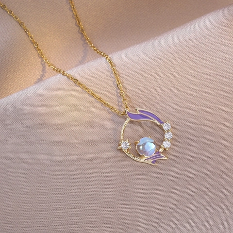 Wreath Pendant Necklace Titanium Steel Round Hollow Flower Zircon Purple Enamel Moonstone Fashion Jewelry For Women