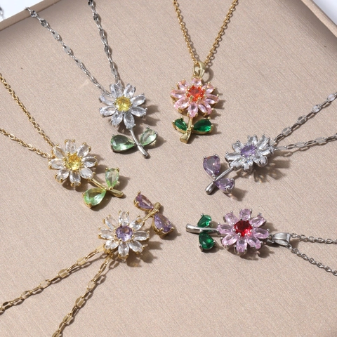 Titanium Steel Sunflower Pendant Necklace For Women Zirconia Inlaid Gold Silver Plated Elegant Dainty Flower Choker Jewelry
