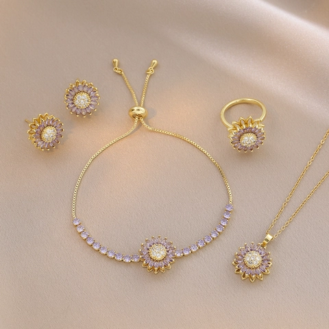 Rotating Sunflower Jewelry Set Stainless Steel Purple Zirconia Necklace Bracelet Ring Stud Earrings For Women Floral Jewelry