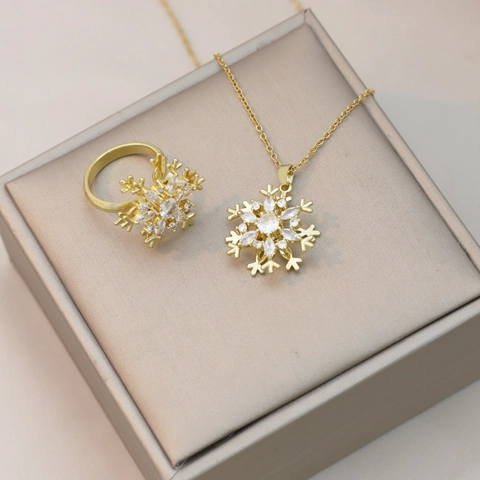 Edelstahl Zirkonia Schneeflocke Rotierende Anhänger Halskette Und Ring Für Damen Elegant Gold Ton Blume Schmuck Geschenk
