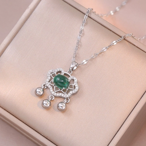 Vintage Stainless Steel Ruyi Lock Necklace For Women Plated Zirconia Faux Moonstone Elegant Clavicle Chain Jewelry Gift