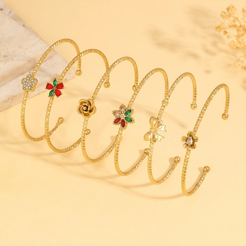 Fashion Stainless Steel Open Bangle For Women Zirconia Flower Butterfly Rose Bow Knot Adjustable Gold Silver Jewelry Gift