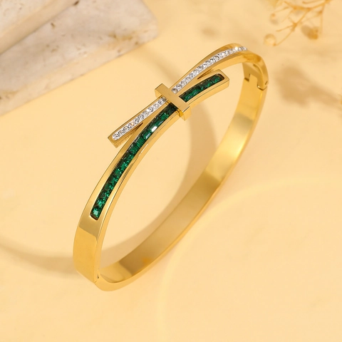 Fashion Stainless Steel Cross Knot Bangle For Women Gold Silver Plated Micro Pave Zirconia Geometric Hinged Bracelet Jewelry Gift