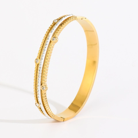 Women's Titanium Steel Bangle Zirconia Rhinestone Layered Gear Edge Open Bracelet Gold Silver Fashion Commuter Jewelry