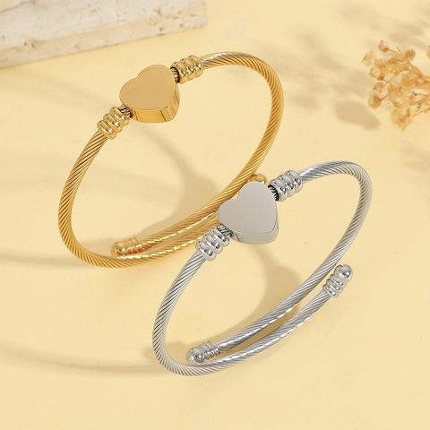 Bracciale Rigido Aperto in Acciaio Inossidabile per Donna Placcato Oro Argento Ciondolo a Cuore Gioielli di Moda Minimalista