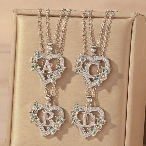 Heart Alphabet Initial Pendant Necklace For Women Stainless Steel Chain Copper Inlaid Zirconia Green Floral Jewelry Gift