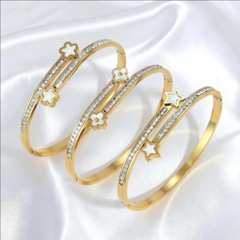 Fashion Gold Plated Stainless Steel Open Bangle For Women Zirconia Flower Star Clover Elegant Cuff Bracelet Jewelry Gift