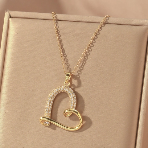 Elegant Heart Pendant Necklace For Women Stainless Steel Zirconia Inlaid Gold Silver Plated Fashion Jewelry Clavicle Chain Gift