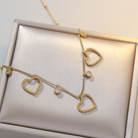 Collar Y Pulsera De Acero Inoxidable Minimalista Francés Con Colgante De Corazón Dorado Y Amuletos Redondos De Circonia Para Joyería De Mujer