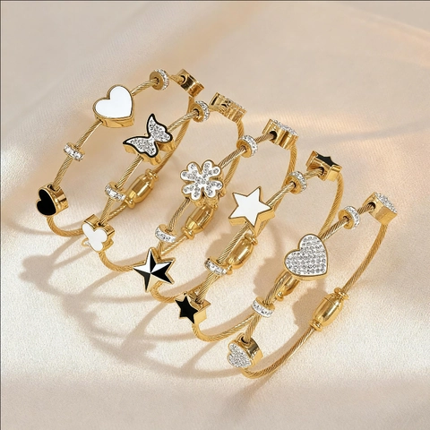 Moda Acciaio Inossidabile Acciaio al Titanio Cavo Aperto Bracciale per Donna Oro Argento Strass Smalto Cuore Farfalla Stella Trifoglio Charms Gioielli Regalo