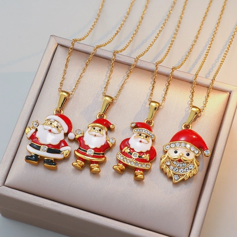 Christmas Santa Claus Pendant Necklace For Women Gold Plated Titanium Steel Cross Chain Enamel Rhinestone Festive Holiday Jewelry Gift