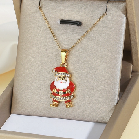 Christmas Santa Claus Pendant Necklace For Women Gold Plated Titanium Steel Cross Chain Enamel Rhinestone Festive Holiday Jewelry Gift