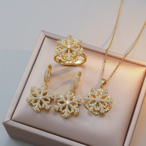 Edelstahl Schneeflocke Schmuckkollektion Zirkonia Eingelegter Kupfer Anhänger Halskette Ohrringe Offener Ring Für Damen