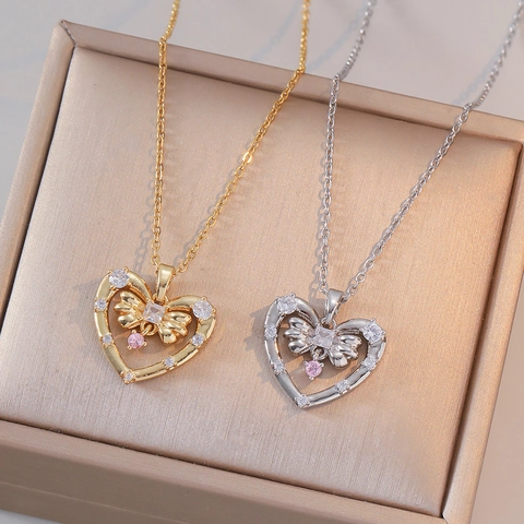 Stainless Steel Heart Bowknot Pendant Necklace For Women Light Luxury Elegant Zirconia Inlaid Fashion Jewelry Commute Accessory Gift