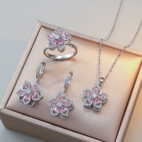 Eleganter Titanstahl Zirkonia Blumen Schmuckset Rosa Bauhinie Kirschblüte Halskette Ohrringe Ring Für Damen Hochzeit Party Geschenk