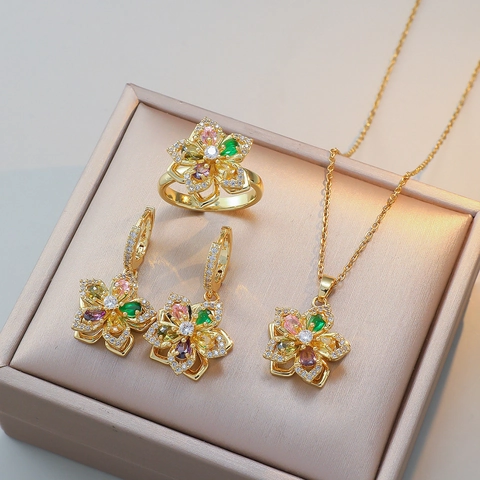 Collar Pendientes Anillo de Flor de Circonita Multicolor para Mujer Acero de Titanio Cobre Bañado en Oro Joyas con Patrón de Flores